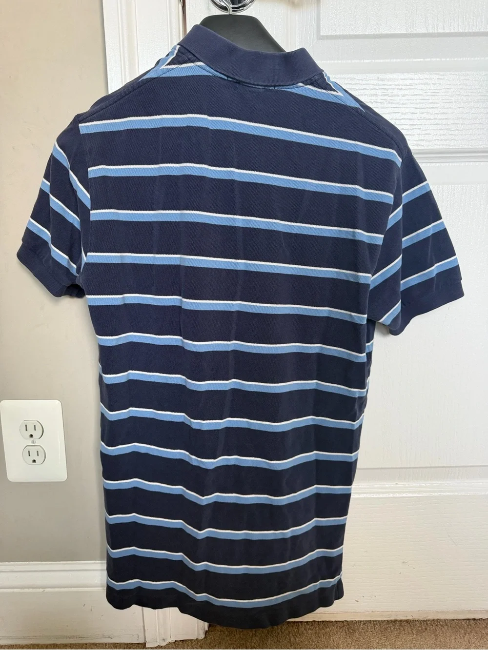 Ralph Lauren Navy Polo with Light Blue Stripes and Orange Pony